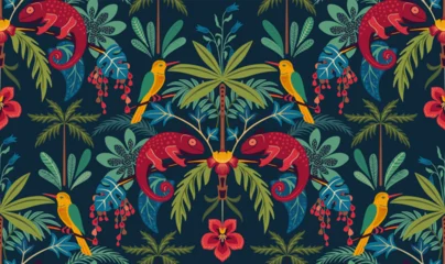 Vector seamless pattern with tropical plants and flowers, wild animals, exotic birds, chameleon © natality