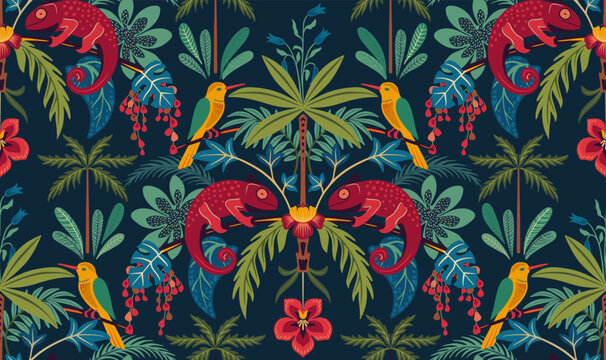 Vector seamless pattern with tropical plants and flowers, wild animals, exotic birds, chameleon