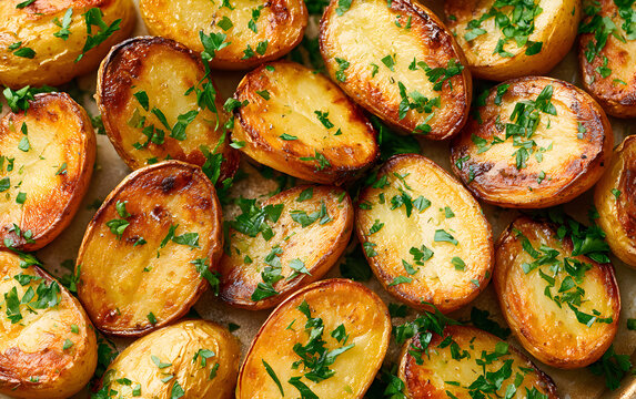 Golden baked smashed potatoes with fresh parsley, herbs, and spices arranged on a white baking sheet. Close-up top view of a savory, crispy potato dish ready for serving as a side