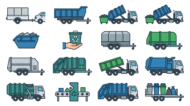 Garbage truck and waste management recycling icon collection.