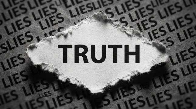 Torn paper revealing the word TRUTH surrounded by the repeated word LIES in black and white background
