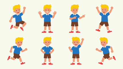 Fototapeta premium Set of flat vector illustrations featuring a young boy in various active poses and expressions.