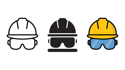 Fototapeta premium Three construction helmets in white, black, and yellow with visors - a modern flat vector icon illustrating safety gear, PPE and head protection.
