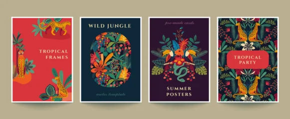 Vector set of four pre-made cards with colorful tropical plants and flowers, palm leaves and leopards. Templates for posters, invitations. © natality