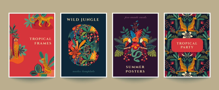 Vector set of four pre-made cards with colorful tropical plants and flowers, palm leaves and leopards. Templates for posters, invitations.