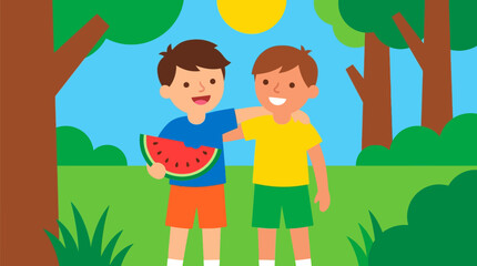 Two happy young boys standing together in a park eating a slice of fresh watermelon.