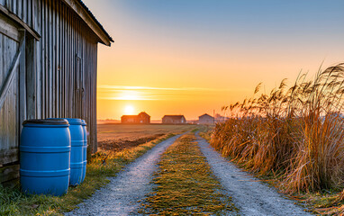 Fototapeta premium Rustic farm with blue water barrels by wooden shed and gravel path at sunrise. Rural landscape with sunlit grass and distant homes