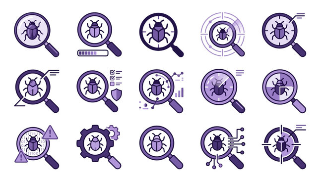 Malware detection and software bug reporting icons.