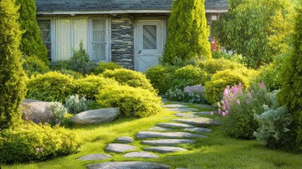 Fototapeta premium Lush Green Garden with Stone Path Leading to a Cozy House.