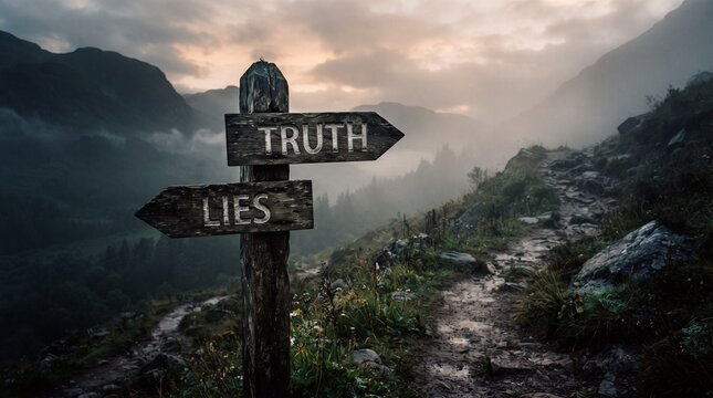 Wooden signpost pointing in opposite directions with words TRUTH and LIES on a misty mountain trail
