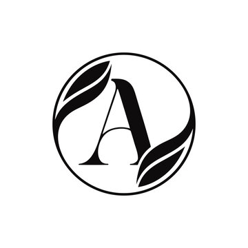 A premium minimalist vector logo featuring the letter A combined with elegant flowing leaves inside a thin circular frame. Perfectly balanced composition, smooth clean curves, well-organized layers, c