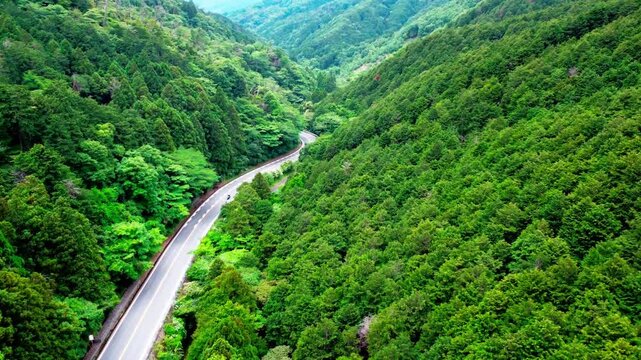 田舎の幹線道路を空撮　4K