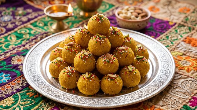 Motichoor Ladoo Rava Laddu Kesar besan boondi laddu Semolina Indian sweet dish mithai Diwali Dussehra Holi Ram Navmi Ganesh chaturthi Durga Pooja festival dessert snack Kerala Mumbai India Sri ...