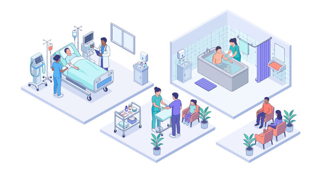 comprehensive hospital care illustration featuring patient treatment and medical staff in clinical environments emphasizing