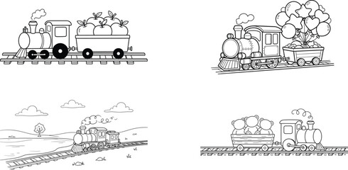 Obraz premium Four cartoon line trains carrying apples balloons and teddy bears on tracks railway locomotive steam engine