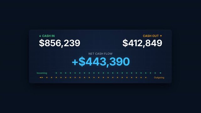 Animated cash flow widget displaying incoming and outgoing transactions with dynamic financial indicators. Great for banking, accounting, business dashboards, and reports.
