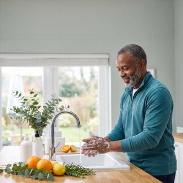Afro American man washing hands with soap at a kitchen sink. Hygiene, infection control and autumn cold and flu prevention concept.