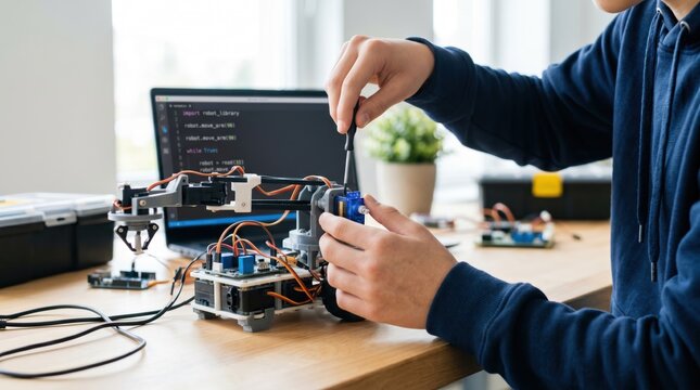 Young student assembling robotic arm with screwdriver, STEM education, coding on laptop screen in, hands-on learning, technology workshop, future engineer building prototype