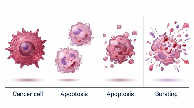 Stages of cancer cell death through apoptosis and bursting