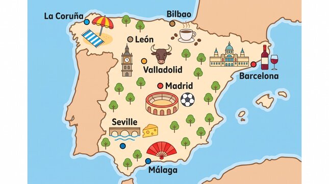 Illustrated map of spain with cultural icons and city landmarks