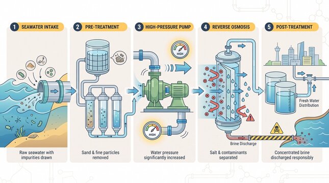 Seawater desalination infographic showing reverse osmosis process steps
