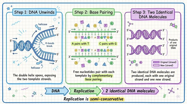 Educational diagram showing the process of dna replication in steps