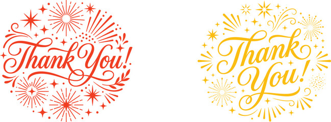 Two decorative circular thank you lettering designs with elegant calligraphy and festive ornaments isolated on a white background for greeting cards or social media posts © Asimon