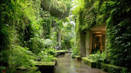 Naklejka premium Lush Green Pathway Through a Verdant Tropical Garden with Stone Walls.