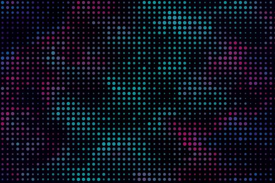 Abstract neon dotted pattern background featuring vibrant cyan and magenta glowing circular lights in a digital grid layout