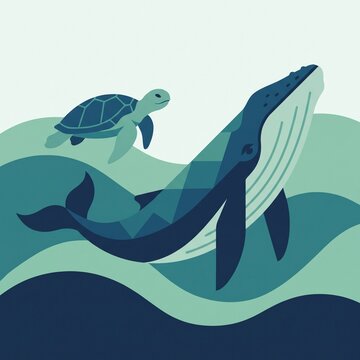 Stylized vector illustration of a whale and sea turtle