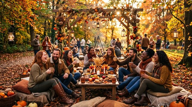 Diverse friends celebrating autumn equinox at outdoor harvest festival picnic with warm drinks and pumpkins