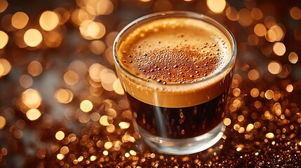 Festive Espresso Shot, Golden Bokeh Background