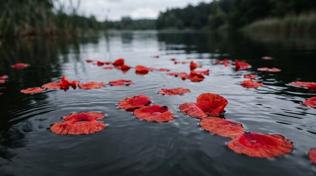 Red poppy petals floating on dark water of a serene lake for remembrance and wellness background