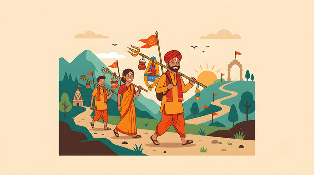 Kanwar Yatra Pilgrimage Illustration with Devotees Carrying Kanwar Poles and Saffron Flags Toward Shiva Temple