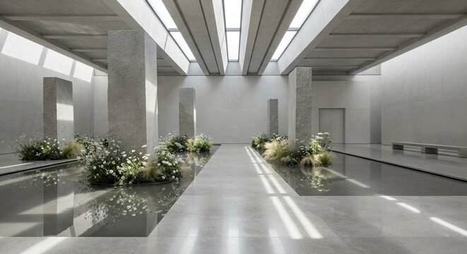 Minimal gallery with flower beds and skylights over water channel
