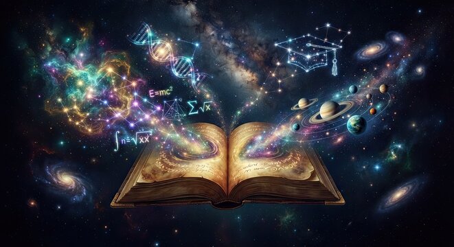 Open book releasing cosmic streams of knowledge