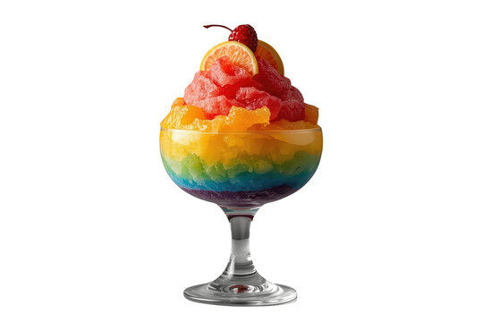 Rainbow shaved ice dessert topped with fruit isolated