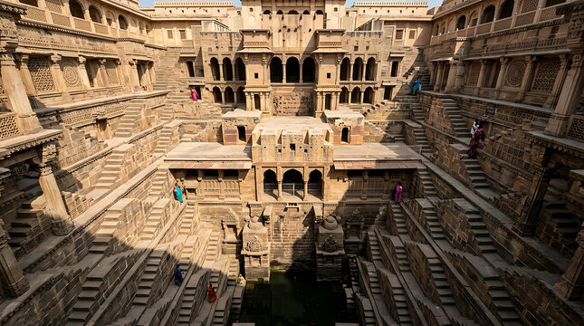 Ancient stepwell architecture historic stone structure with geometric design