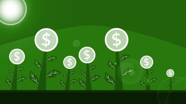 Stylized animation of coin-topped trees growing from soil under a bright sun