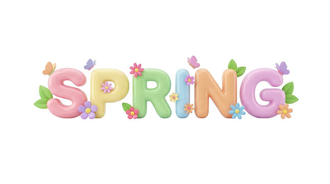 3d render of the word spring with pastel letters decorated with flowers, butterflies, and leaves isolated on transparent background
