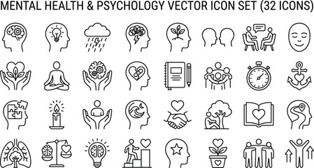 Naklejka premium Mental health and psychology line icon set for therapy, mindfulness, and emotional wellness