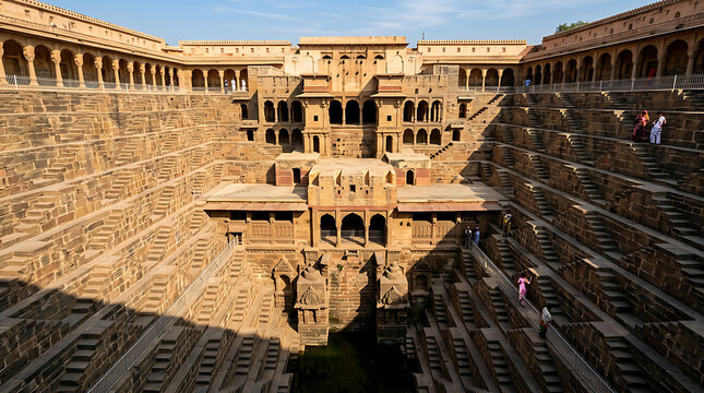 Ancient stepwell architecture with intricate details under sunlight