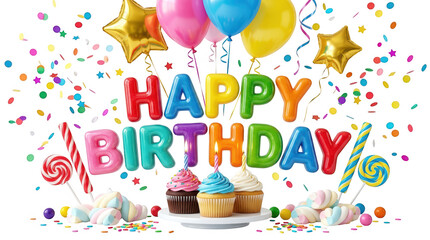 Obraz premium Happy birthday text with balloons, cupcakes, and candy isolated on transparent background