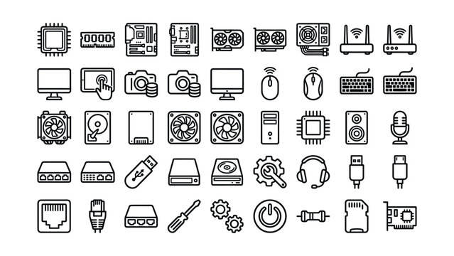 Computer hardware and peripheral icons black line style white background