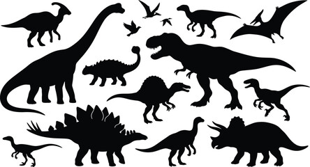 Obraz premium Collection of various dinosaur silhouettes including predatory and herbivorous species on a plain white background