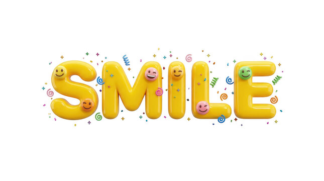 3d render of the word smile with cute smiley face emojis and colorful confetti isolated on transparent background