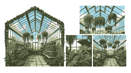 Naklejka premium Interior of a lush greenhouse filled with exotic plants, hanging baskets, and natural light filtering through glass panes.