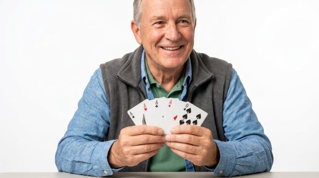 Smiling Senior Man Holding Four Aces and Winning Poker Hand with Straight Flush Opportunity