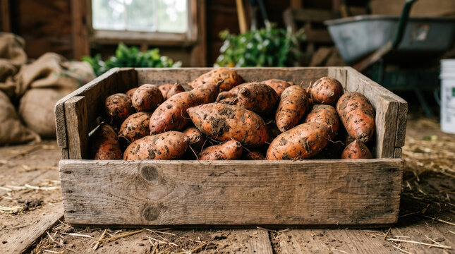 Freshly Harvested Sweet Potatoes in Rustic Wooden Crate Inside Traditional Farm Barn