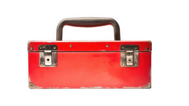 Vintage red metal tool box with latches with locking latches isolated on transparent background